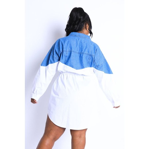 Women's Sexy Denim Block Casual Mini Dress Plus Size White Denim Curvy Outfit - Picture 7 of 12